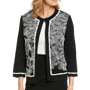 Ming Wang Floral Embroidered Knit Jacket Black and White Size L
